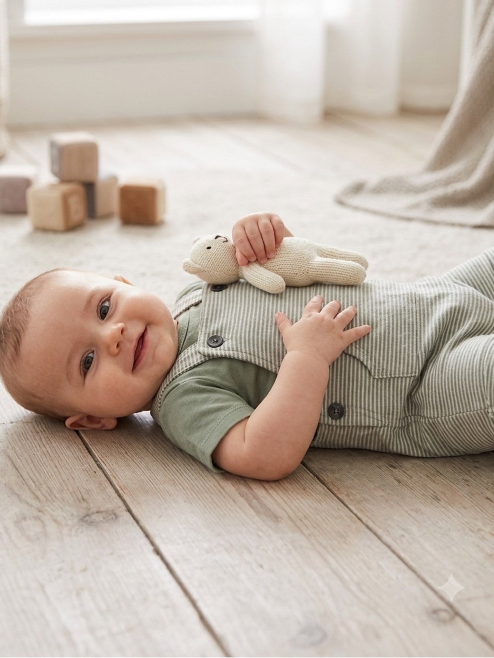 🎉(12m) Carter's Olive Green Tee + Striped Sage Overalls Set